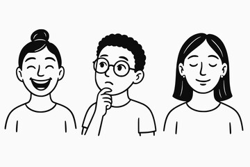 Naklejka premium Minimalist black and white cartoon trio showing cheerful, contemplative, and serene facial expressions through expressive line art.