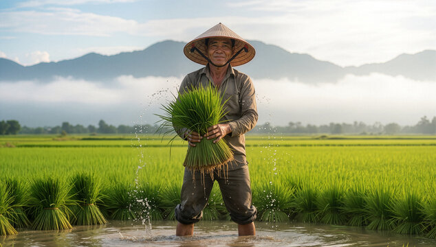 Asian farmer in a conical hat working in a vast, lush green rice field surrounded by mountains under a misty sky. Scenic rural landscape emphasizes traditional farming. Image made using Generative AI.