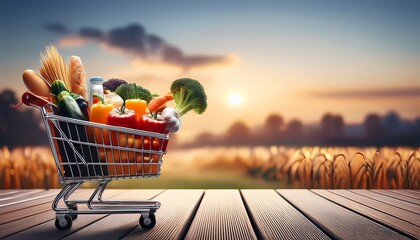 supermarket shopping cart filled with groceries