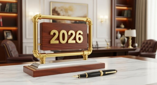 Desk ornament with the year 2026, perfect for new yearsthemed designs, calendars, resolutions articles, and holiday greeting cards.