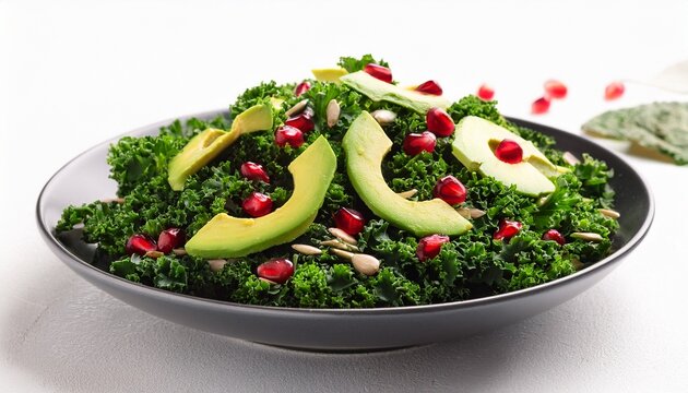 fresh kale salad with avocado pomegranate seeds and sunflower seeds on white background