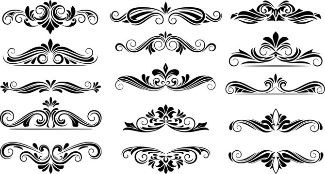 Set of decorative floral design elements with vintage scrolls and ornate borders
