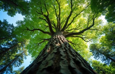 Looking up at huge tree from low angle. Sunlight shines through bright green leaves. Clear blue sky visible between branches in forest. Nature scene shows peace, growth, eco environment beauty, life.
