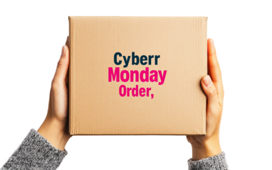 E-commerce delivery concept showing hand with package for Cyber Monday purchase isolated on transparent background PNG