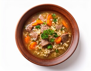 hearty beef and barley soup in rustic bowl on white background