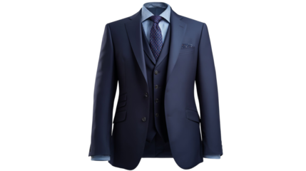 PNG of Elegant men's navy blue suit with a vest and patterned tie, perfect for formal occasions.