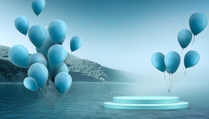 blue balloons float stage pastel background celebration