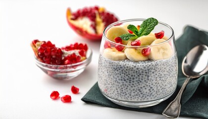 healthy chia seed pudding with banana pomegranate and mint garnish in a glass bowl on a white background