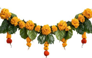 Handcrafted toran made with real mango leaves and decorative elements for traditional Indian home decoration isolated on transparent background PNG