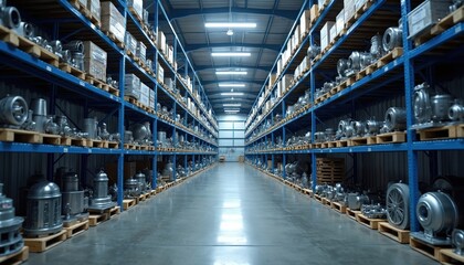 Large industrial warehouse interior with long aisles of blue shelves. Many metal parts, machinery components, boxes stacked on pallets. Facility shows efficient storage, order for manufacturing