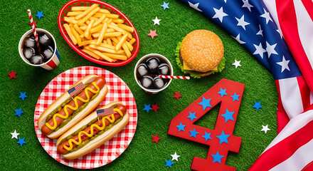 Celebrate Independence Day with classic American picnic foods, including hot dogs, fries, burgers and drinks, perfect for festive summer gatherings