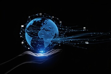 Global Connection in Palm: A glowing globe levitates gently within the open palm of a hand, its intricate network of data streams symbolizing global connectivity and technological advancement.