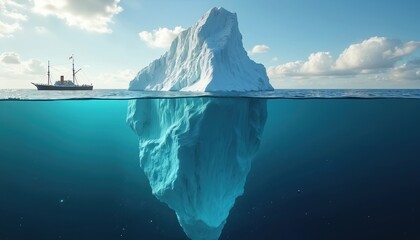 Large iceberg floats in cold ocean water with vast submerged part. Ship sails near ice mass under clear blue sky with clouds. Global warming and climate change concept.