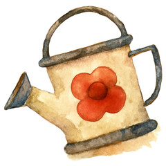 Watercolor Watering Can with Red Flower Illustration