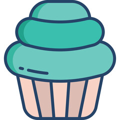 A Teal Frosted Cupcake with Pink and Beige Stripes on a Transparent Background Isolated Sweet Baked Good Decoration Icon
