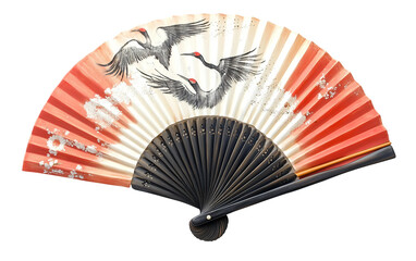 Close-up of hand-painted decorative fans showcasing delicate crane illustrations and celestial moon patterns isolated on transparent background PNG