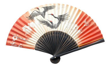 Close-up of hand-painted decorative fans showcasing delicate crane illustrations and celestial moon patterns isolated on transparent background PNG