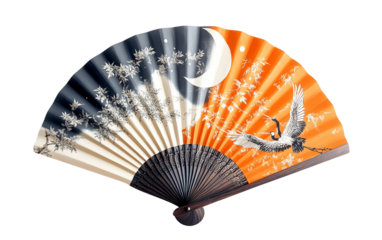 Set of hand-crafted fans with artistic moon and crane designs highlighting traditional craftsmanship and visual beauty isolated on transparent background PNG