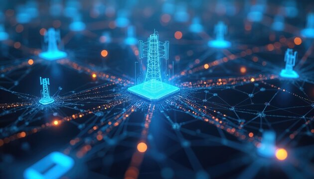 Glowing telecom towers connect digital data streams across dark network. Cellular infrastructure transmits information, creating global communication grid. Mobile signals link devices in vast web.