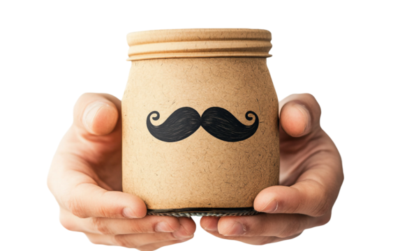 Close-up of hands presenting a donation jar for Movember highlighting charitable giving and community support for awareness isolated on transparent background PNG