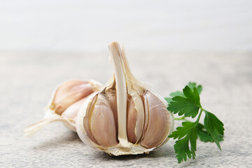 Garlic and parsley on light table, closeup