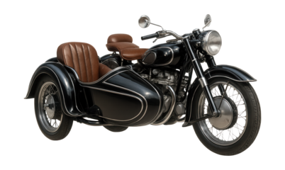 Vintage motorcycle featuring a curved sidecar and leather seating.