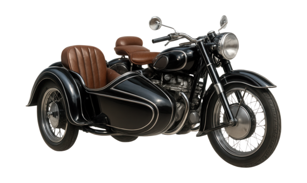 Vintage motorcycle featuring a curved sidecar and leather seating.