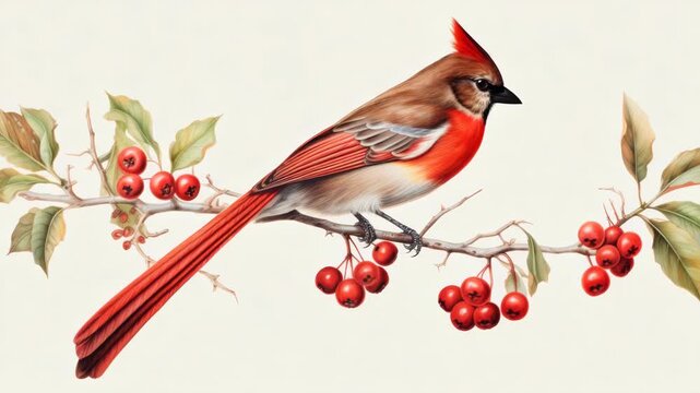 A vivid of a male cardinal perched on berries, set against a textured background.
