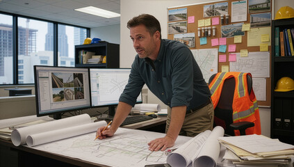 Male architect reviewing building plans on a desk filled with blueprints and computers in a modern office setting. Engaged in construction planning and design. Image made using Generative AI.