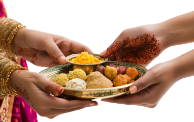 Person holding a beautifully arranged Diwali thali with sweets and diya for cultural and religious ceremonies isolated on transparent background PNG