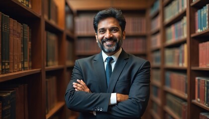 Smiling Indian man in suit stands confidently inside library. Pro lawyer academic with crossed arms, surrounded by many old books on wooden shelves. Embodies knowledge, education, legal expertise in