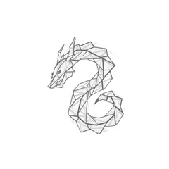 Stylized geometric dragon illustration, low-poly design, minimalist art, black and white