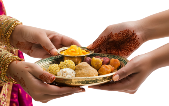 Person holding a beautifully arranged Diwali thali with sweets and diya for cultural and religious ceremonies isolated on transparent background PNG