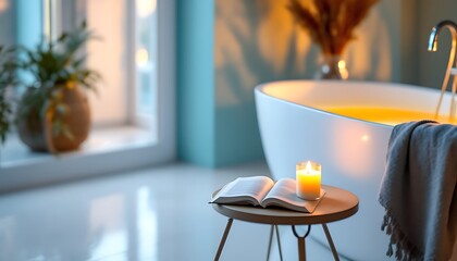Relaxing bathtub with candle and book in a cozy bathroom