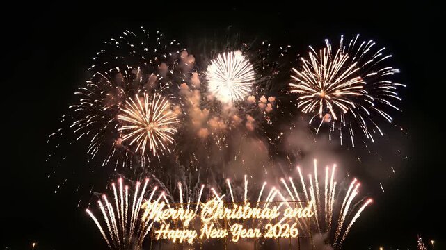 Fireworks exploding in a vibrant display above a Merry Christmas and Happy New Year sign, capturing the joyous atmosphere of holiday celebrations and togetherness, perfect for marketing.