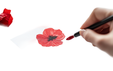 Close-up of hand writing a personal message on a Remembrance Day card with care and respect for veterans isolated on transparent background PNG