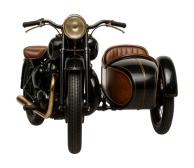 Vintage motorcycle with a sidecar, showcasing wooden accents and brass details.