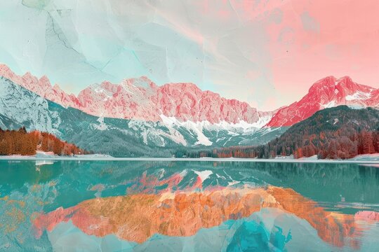 Retro collage of lake with Zugspitze mountain range landscape outdoors glacier.