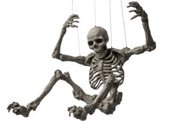 Hanging skeleton decoration with movable limbs for Halloween or spooky-themed festive setups and celebrations isolated on transparent background PNG