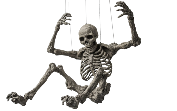 Hanging skeleton decoration with movable limbs for Halloween or spooky-themed festive setups and celebrations isolated on transparent background PNG