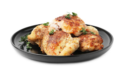 Tasty cooked chicken thighs with thyme isolated on white