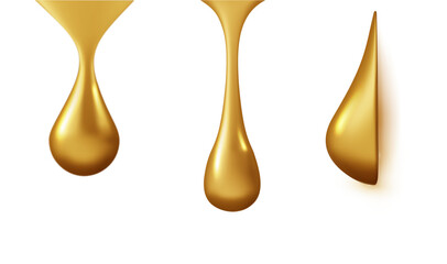 Gold liquid falling in realistic form. Isolated cosmetic essence blob with glossy texture, suitable for vitamin supplement, lotion, or fuel industry visuals