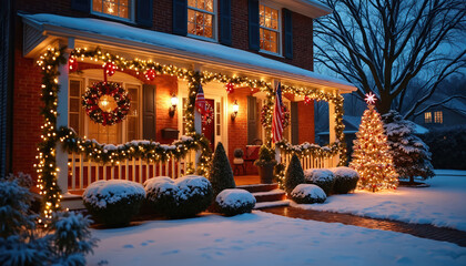 Brick house exterior with porch lights, wreaths and American flags decor. Snowy yard features illuminated Christmas tree, bushes, and pine trees at dusk.