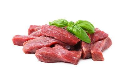 Pieces of raw beef meat and basil isolated on white