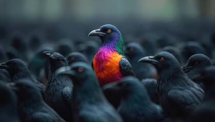 Fototapeta premium A colorful bird stands out from a flock of identical black birds. Its vibrant plumage is distinct against the dark, uniform group. The solitary bird is different, unique, and shines.
