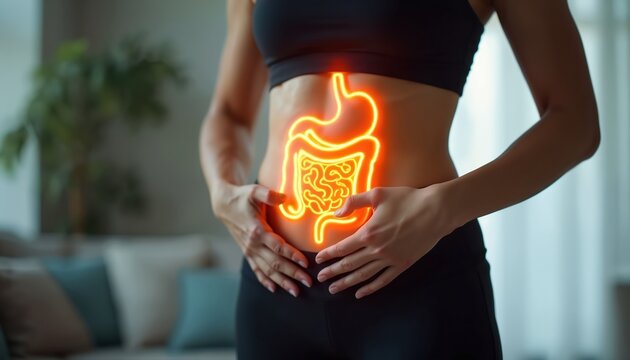 Woman highlights healthy glowing digestive system. Stomach, intestines shine brightly, showing good gut health. Female demonstrates internal body wellness, medical anatomy concept, digestion