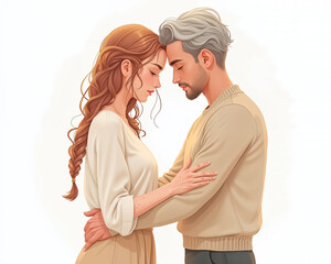 A serene couple in a warm, beige-toned digital artwork, with gentle facial expressions and soft, loving gaze, conveying affection and intimacy.