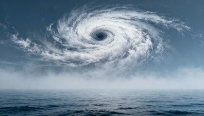 Dramatic swirling storm clouds forming a powerful hurricane over a calm ocean, creating a striking contrast between turbulent skies and serene waters, showcasing nature's raw energy