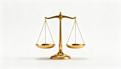 Golden balance scales symbolizing justice and fairness, elegantly designed with a polished finish, set against a soft white background for a minimalist aesthetic