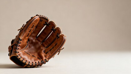 Fototapeta premium Vintage brown leather baseball glove resting on a neutral background, showcasing intricate stitching and craftsmanship, perfect for sports enthusiasts and collectors